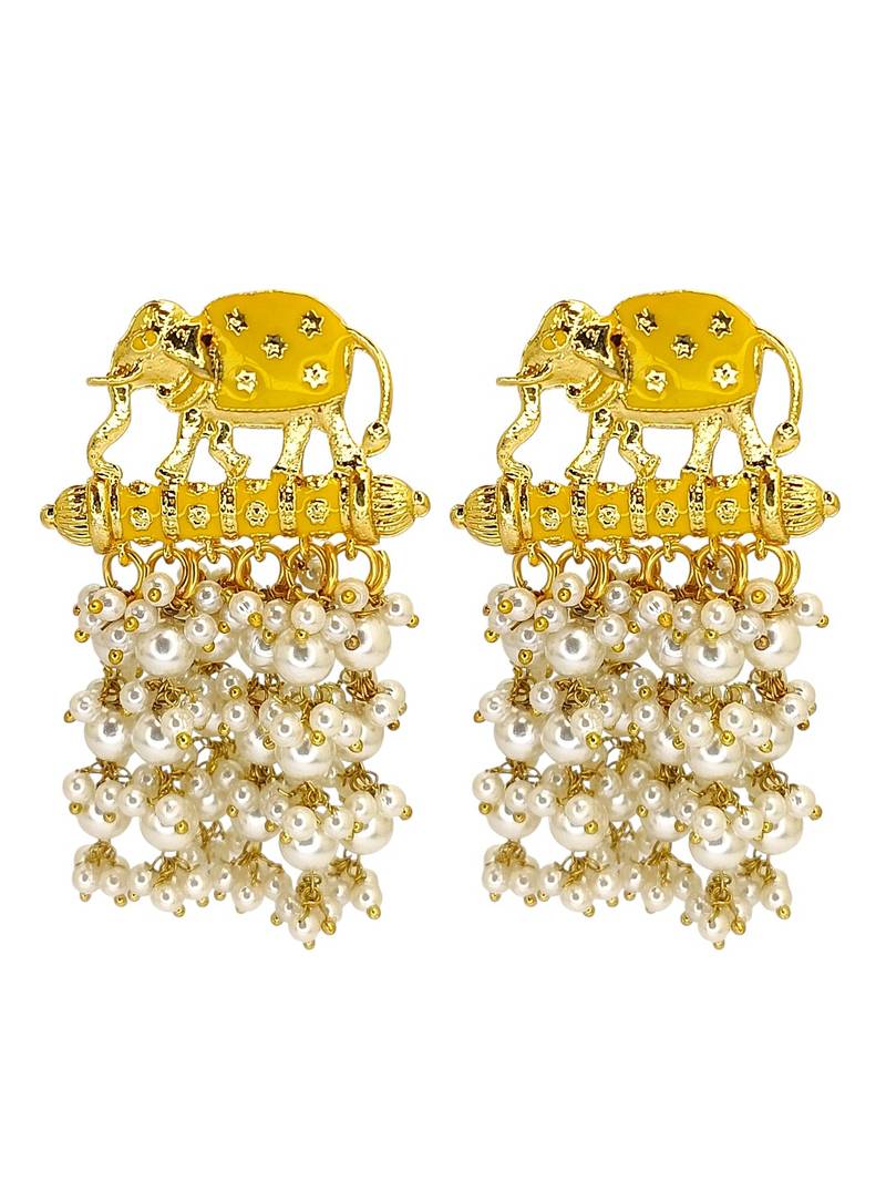 Gold plated meenakari yellow elephant tassel earrings