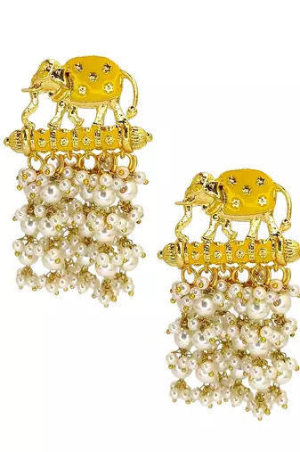 Gold plated meenakari yellow elephant tassel earrings