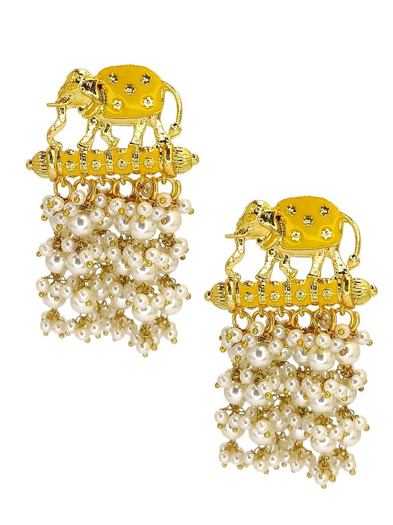 Gold plated meenakari yellow elephant tassel earrings