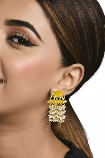 Gold plated meenakari yellow elephant tassel earrings