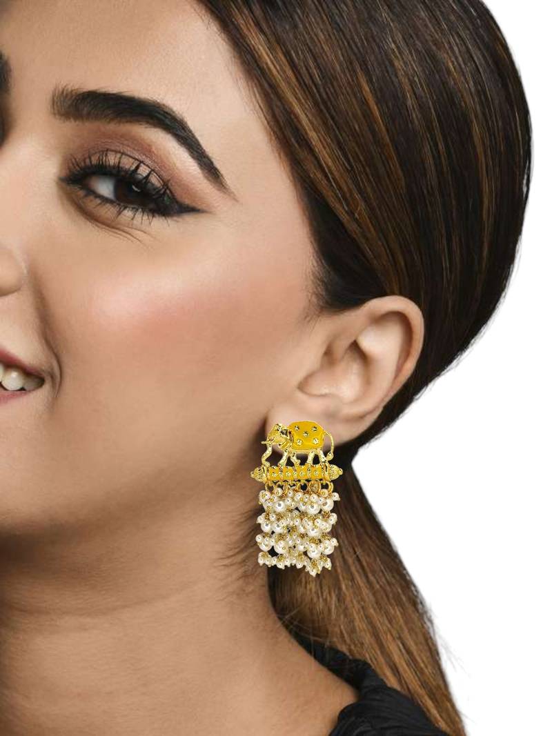 Gold plated meenakari yellow elephant tassel earrings