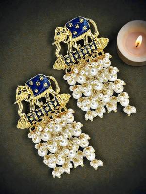 Gold plated meenakari navy blue elephant tassel earrings 1