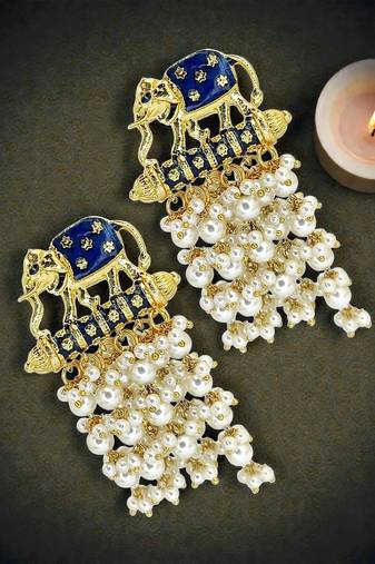 Gold plated meenakari navy blue elephant tassel earrings