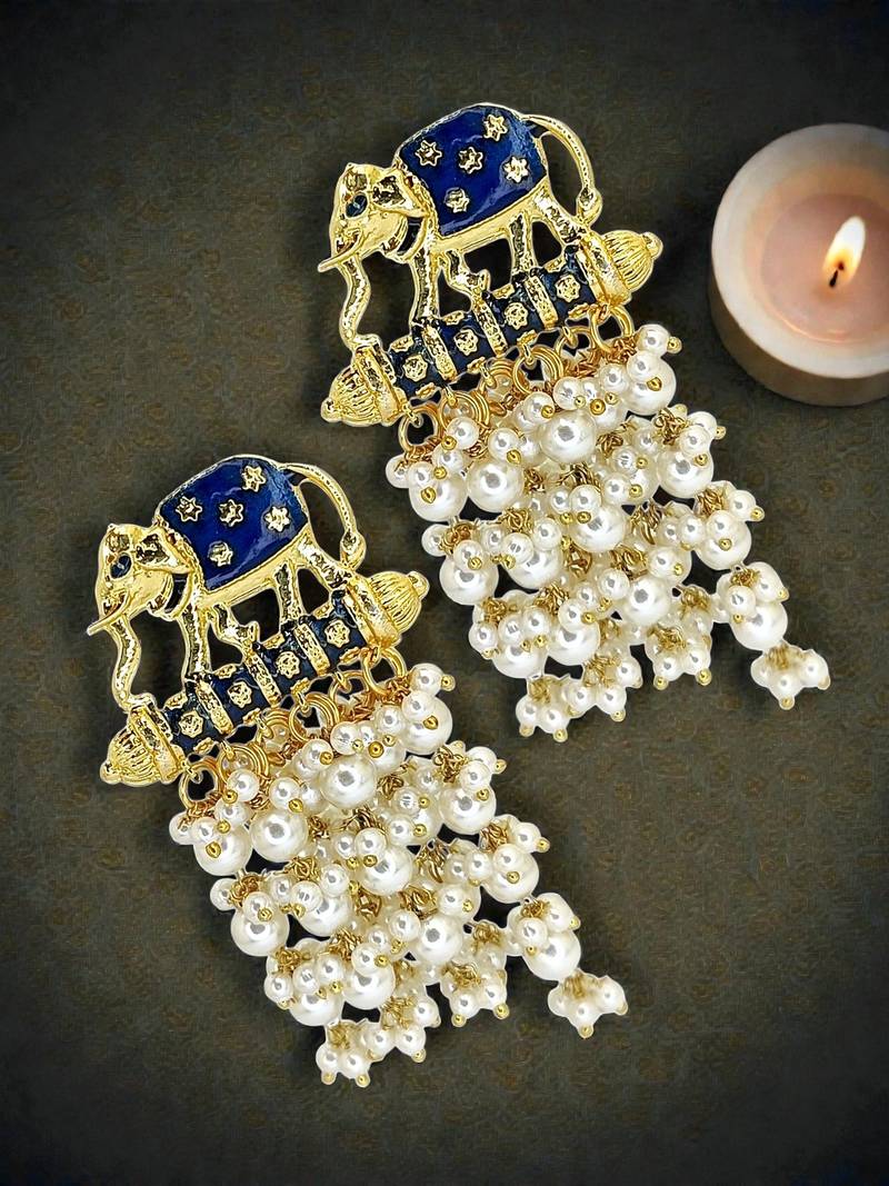 Gold plated meenakari navy blue elephant tassel earrings