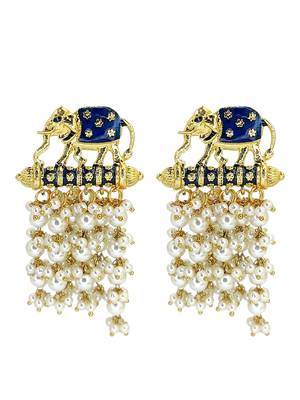 Gold plated meenakari navy blue elephant tassel earrings 2