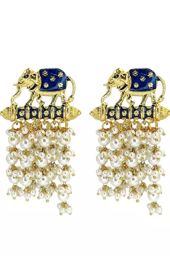 Gold plated meenakari navy blue elephant tassel earrings