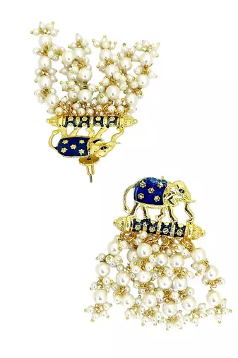 Gold plated meenakari navy blue elephant tassel earrings