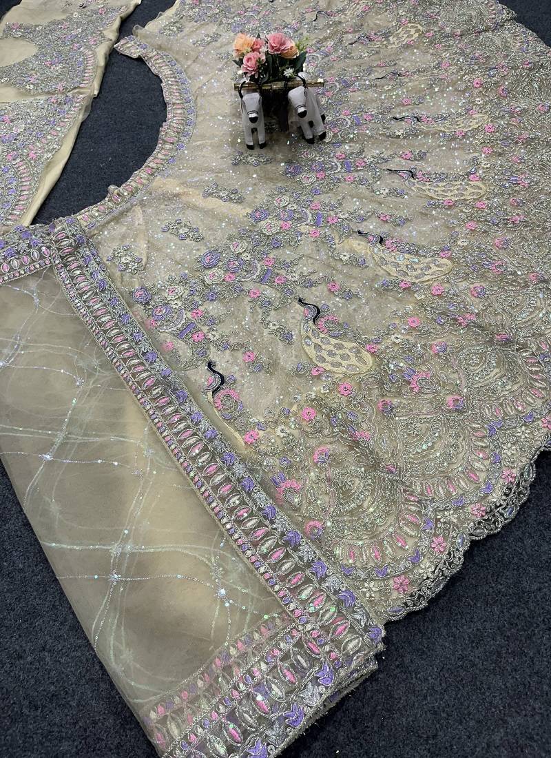 Light Yellow Color Coding Sequins Work Butterfly Net Lehenga Choli Dupatta Set