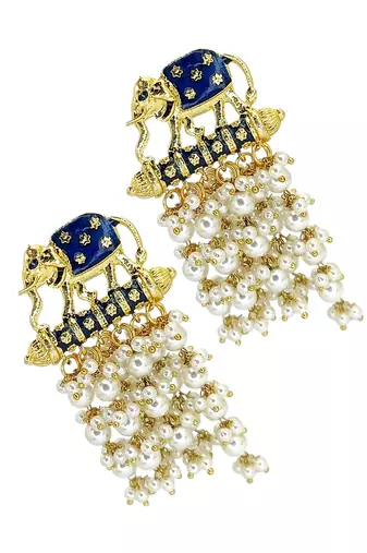 Gold plated meenakari navy blue elephant tassel earrings