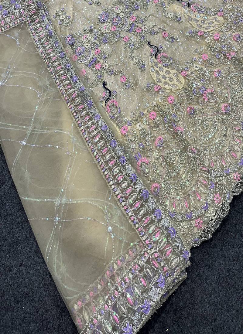 Light Yellow Color Coding Sequins Work Butterfly Net Lehenga Choli Dupatta Set