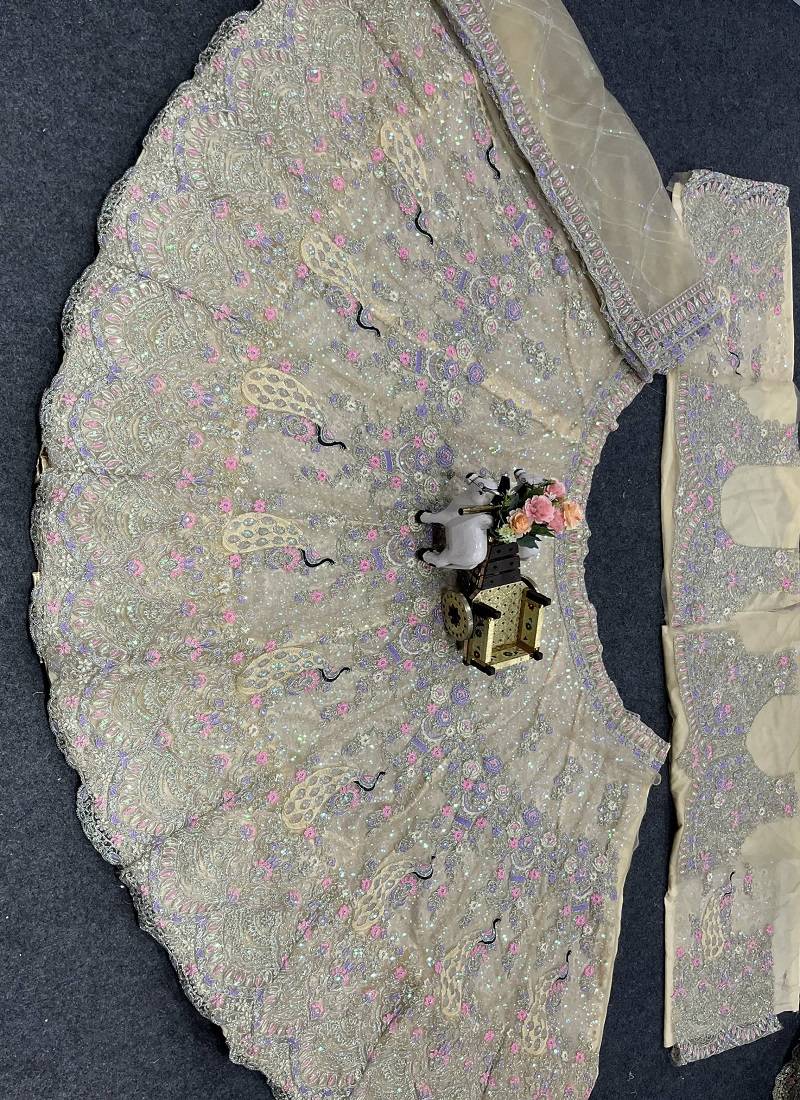 Light Yellow Color Coding Sequins Work Butterfly Net Lehenga Choli Dupatta Set