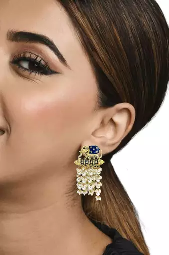 Gold plated meenakari navy blue elephant tassel earrings