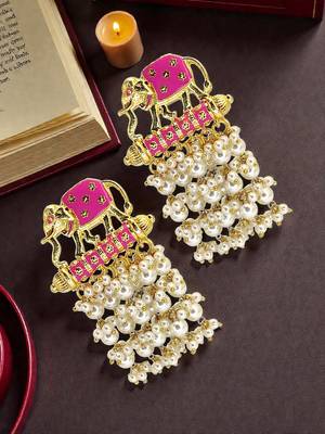 Gold plated meenakari pink elephant tassel earrings 1