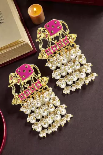 Gold plated meenakari pink elephant tassel earrings