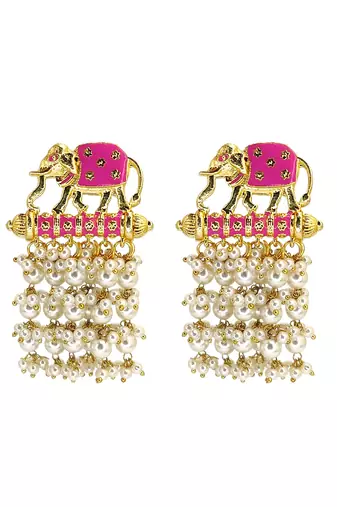 Gold plated meenakari pink elephant tassel earrings