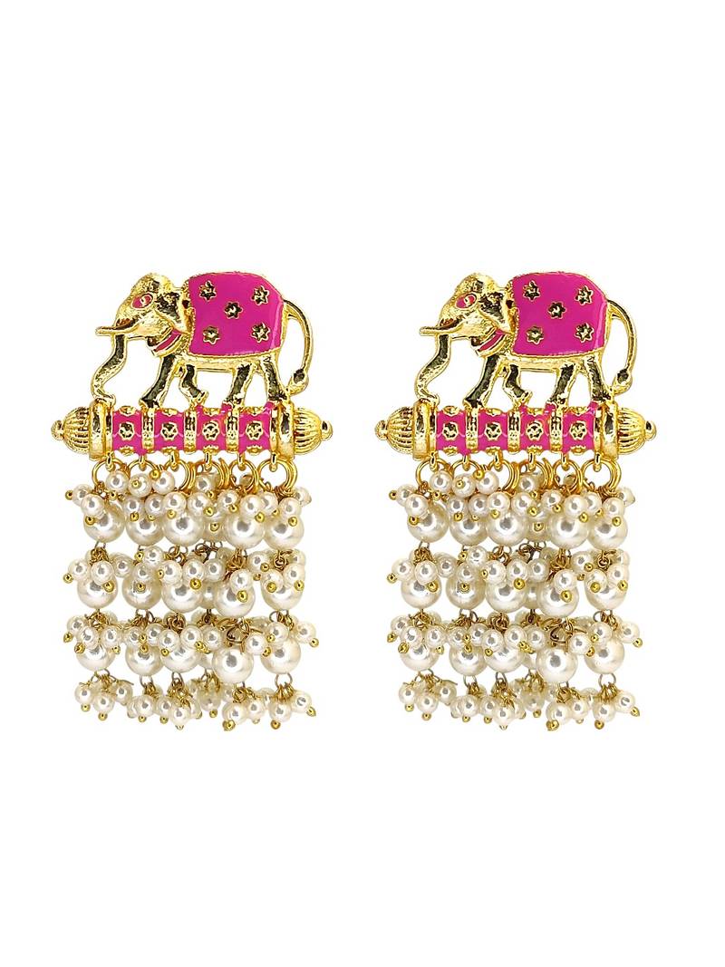 Gold plated meenakari pink elephant tassel earrings