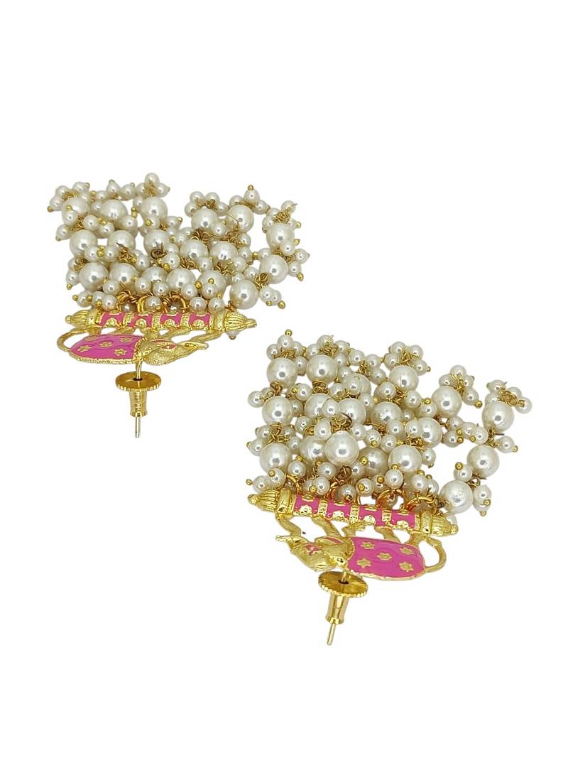 Gold plated meenakari pink elephant tassel earrings