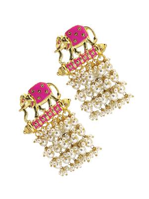 Gold plated meenakari pink elephant tassel earrings 4