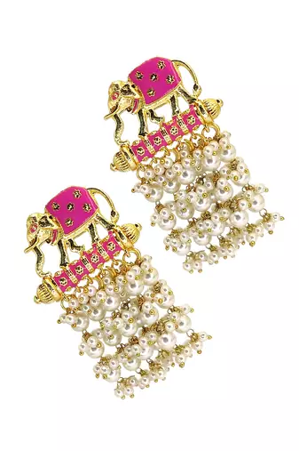 Gold plated meenakari pink elephant tassel earrings