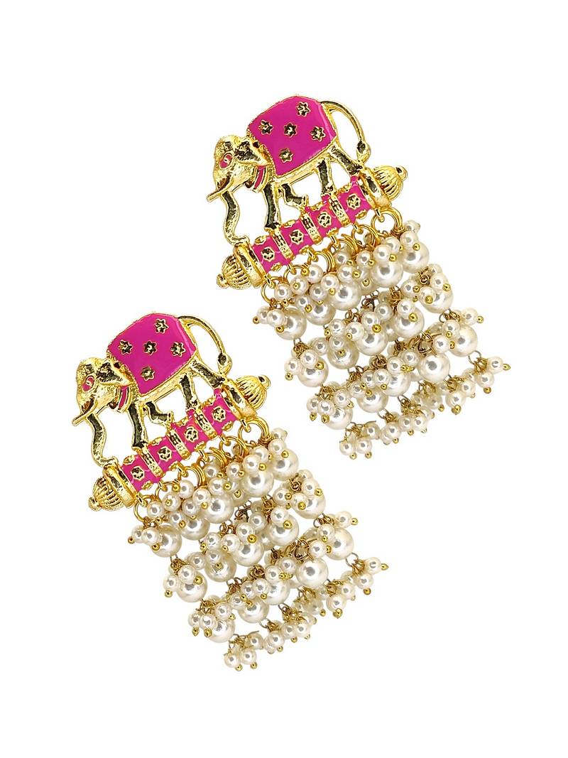 Gold plated meenakari pink elephant tassel earrings