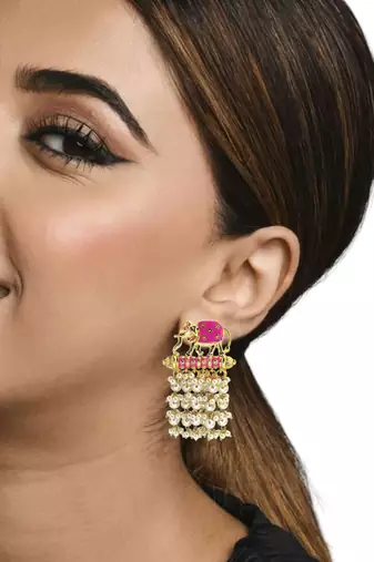 Gold plated meenakari pink elephant tassel earrings