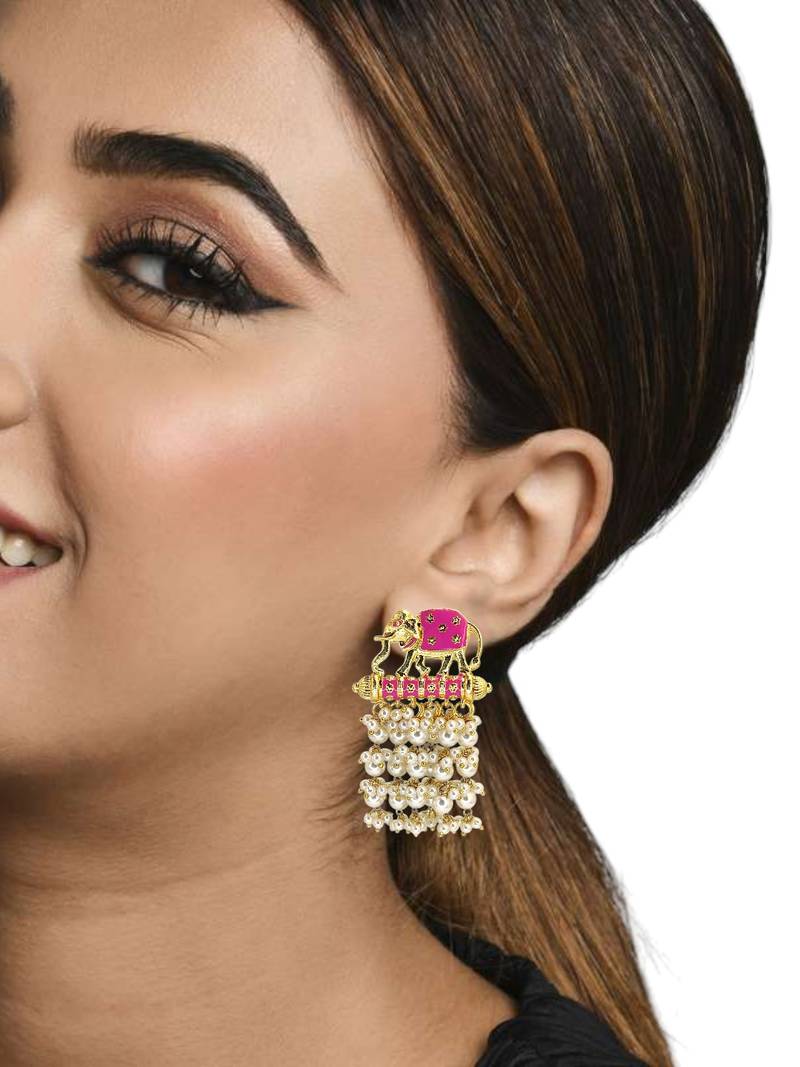 Gold plated meenakari pink elephant tassel earrings