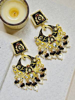 Gold plated kundan black meenakari chandbali earrings 1