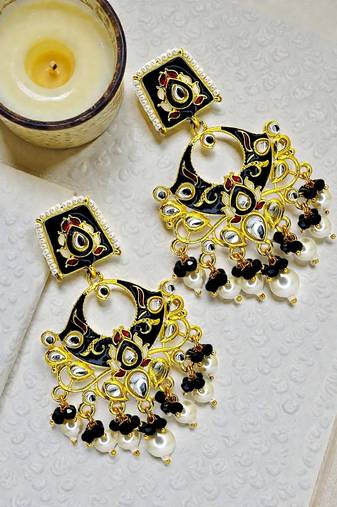 Gold plated kundan black meenakari chandbali earrings