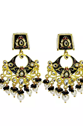 Gold plated kundan black meenakari chandbali earrings
