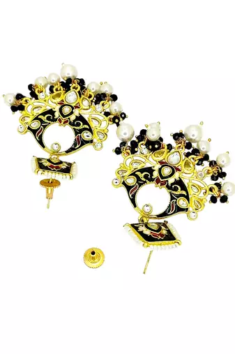Gold plated kundan black meenakari chandbali earrings