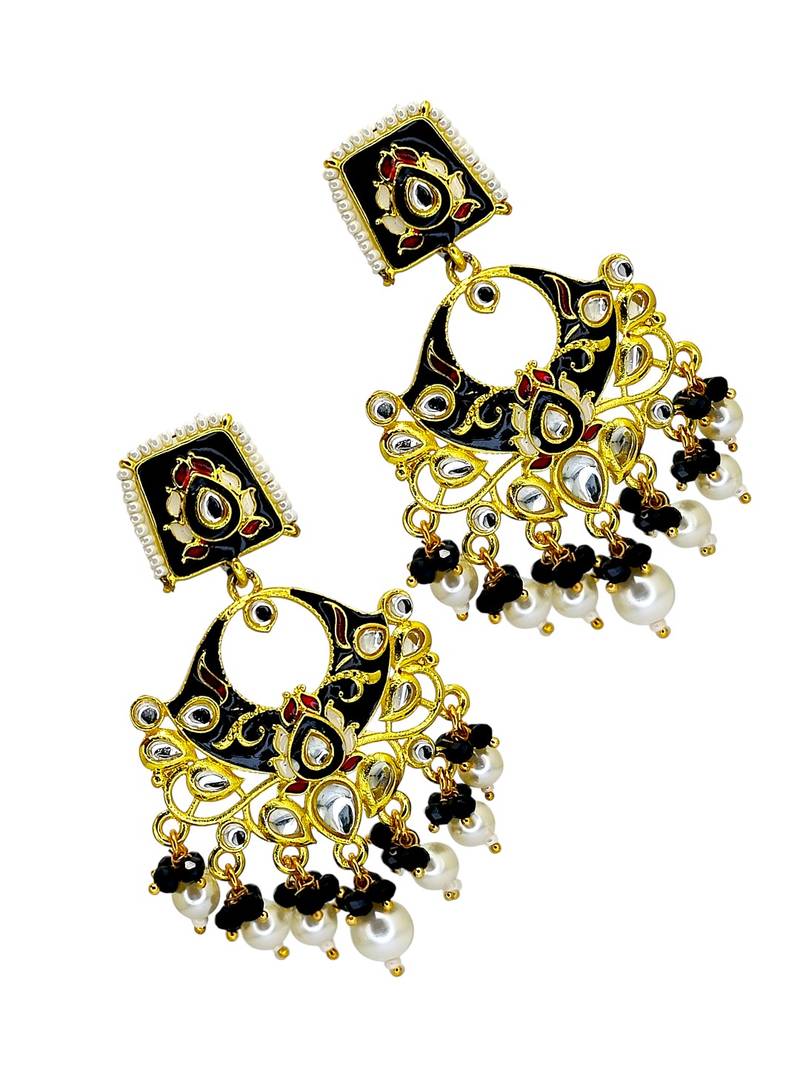 Gold plated kundan black meenakari chandbali earrings