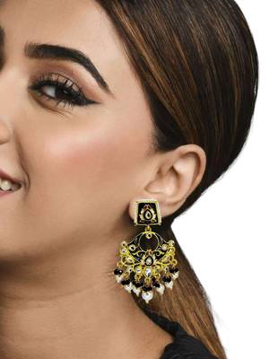 Gold plated kundan black meenakari chandbali earrings 5