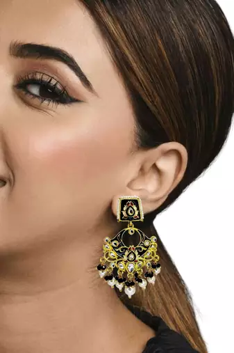 Gold plated kundan black meenakari chandbali earrings