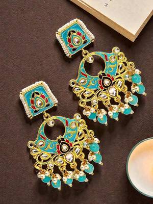 Gold plated kundan turquoise meenakari chandbali earrings 1