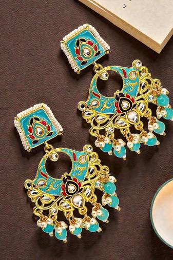 Gold plated kundan turquoise meenakari chandbali earrings
