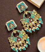 Gold plated kundan turquoise meenakari chandbali earrings