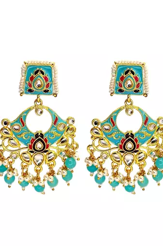 Gold plated kundan turquoise meenakari chandbali earrings