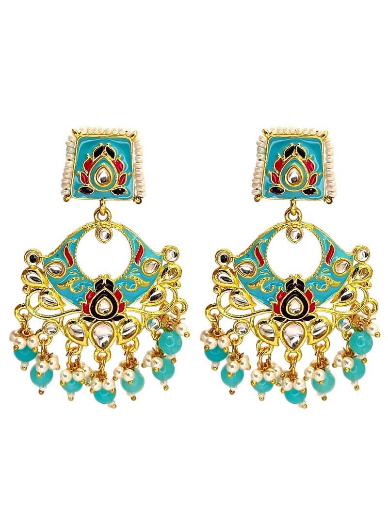 Gold plated kundan turquoise meenakari chandbali earrings