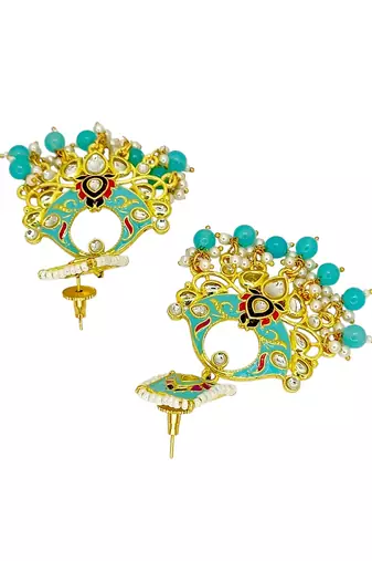 Gold plated kundan turquoise meenakari chandbali earrings