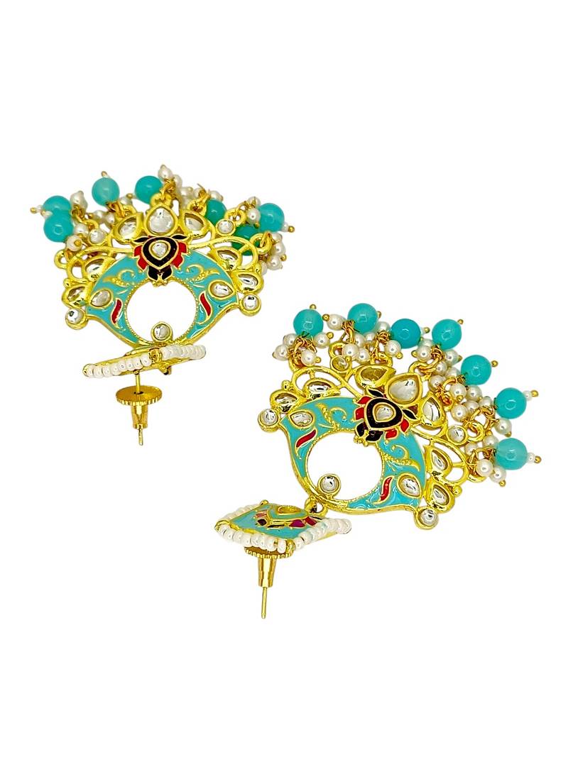 Gold plated kundan turquoise meenakari chandbali earrings