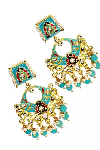 Gold plated kundan turquoise meenakari chandbali earrings