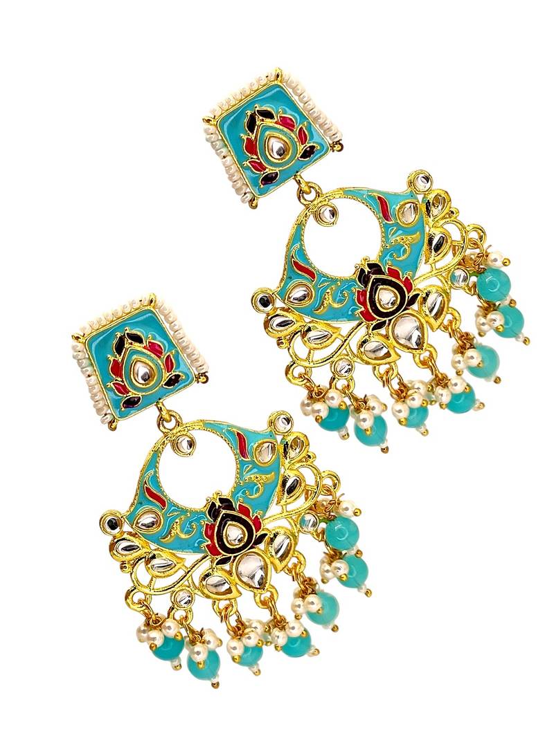 Gold plated kundan turquoise meenakari chandbali earrings