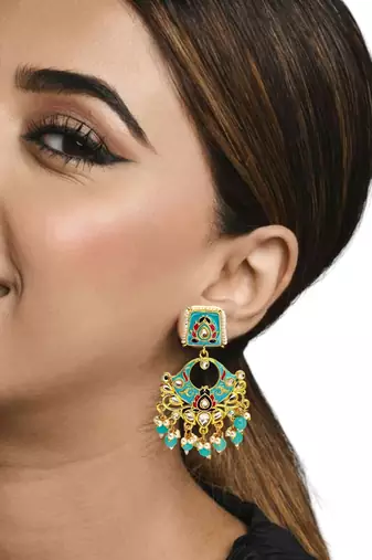 Gold plated kundan turquoise meenakari chandbali earrings
