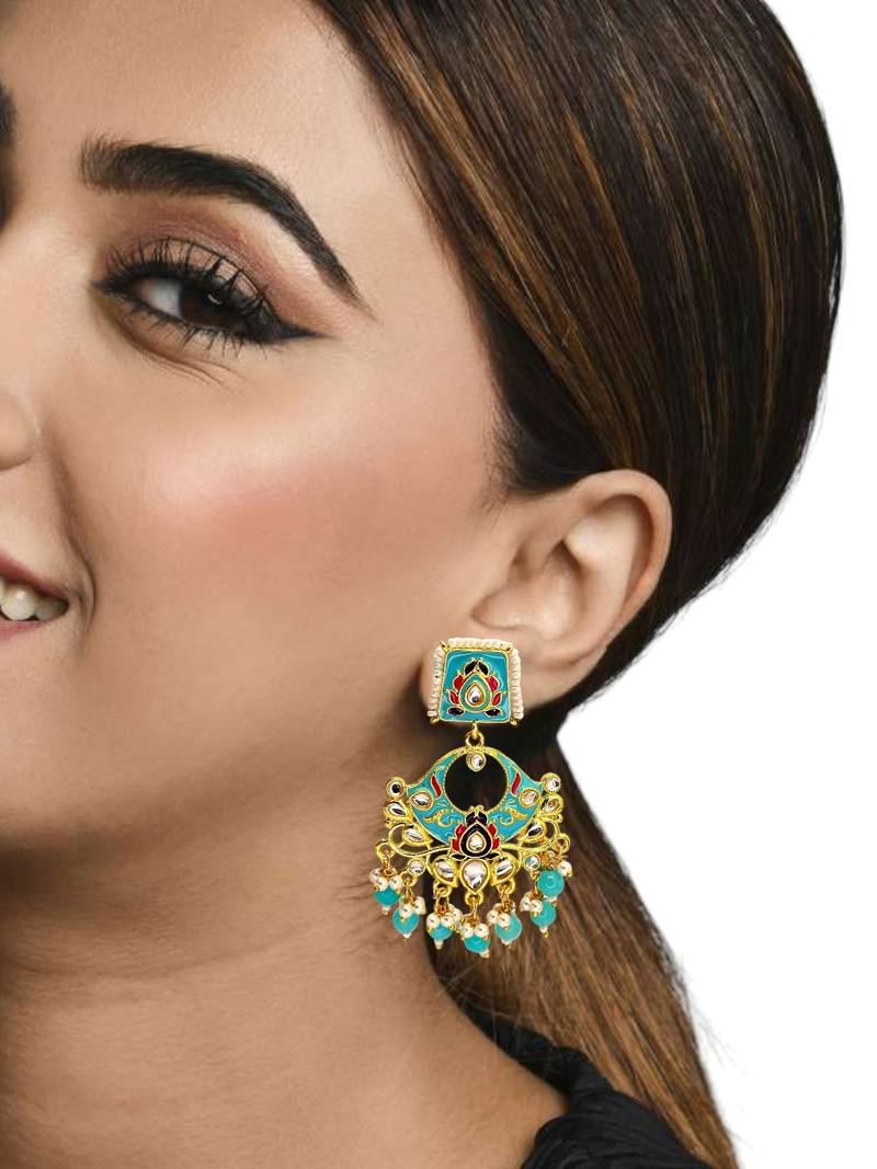 Gold plated kundan turquoise meenakari chandbali earrings