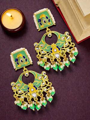 Gold plated kundan mint green meenakari chandbali earrings 1