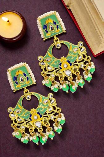 Gold plated kundan mint green meenakari chandbali earrings