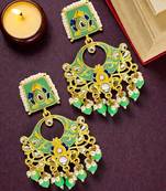 Gold plated kundan mint green meenakari chandbali earrings