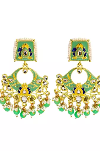 Gold plated kundan mint green meenakari chandbali earrings