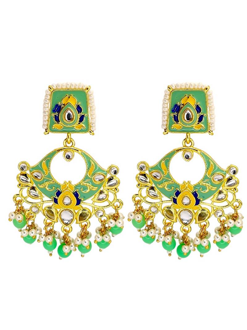 Gold plated kundan mint green meenakari chandbali earrings