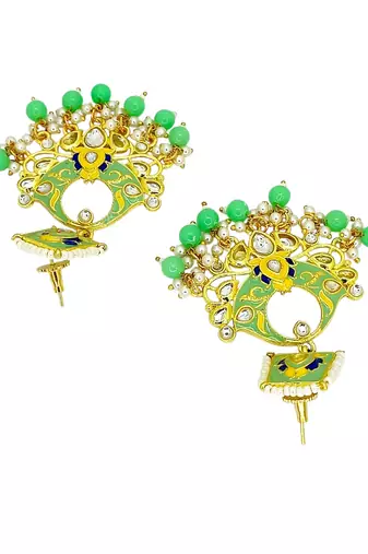 Gold plated kundan mint green meenakari chandbali earrings